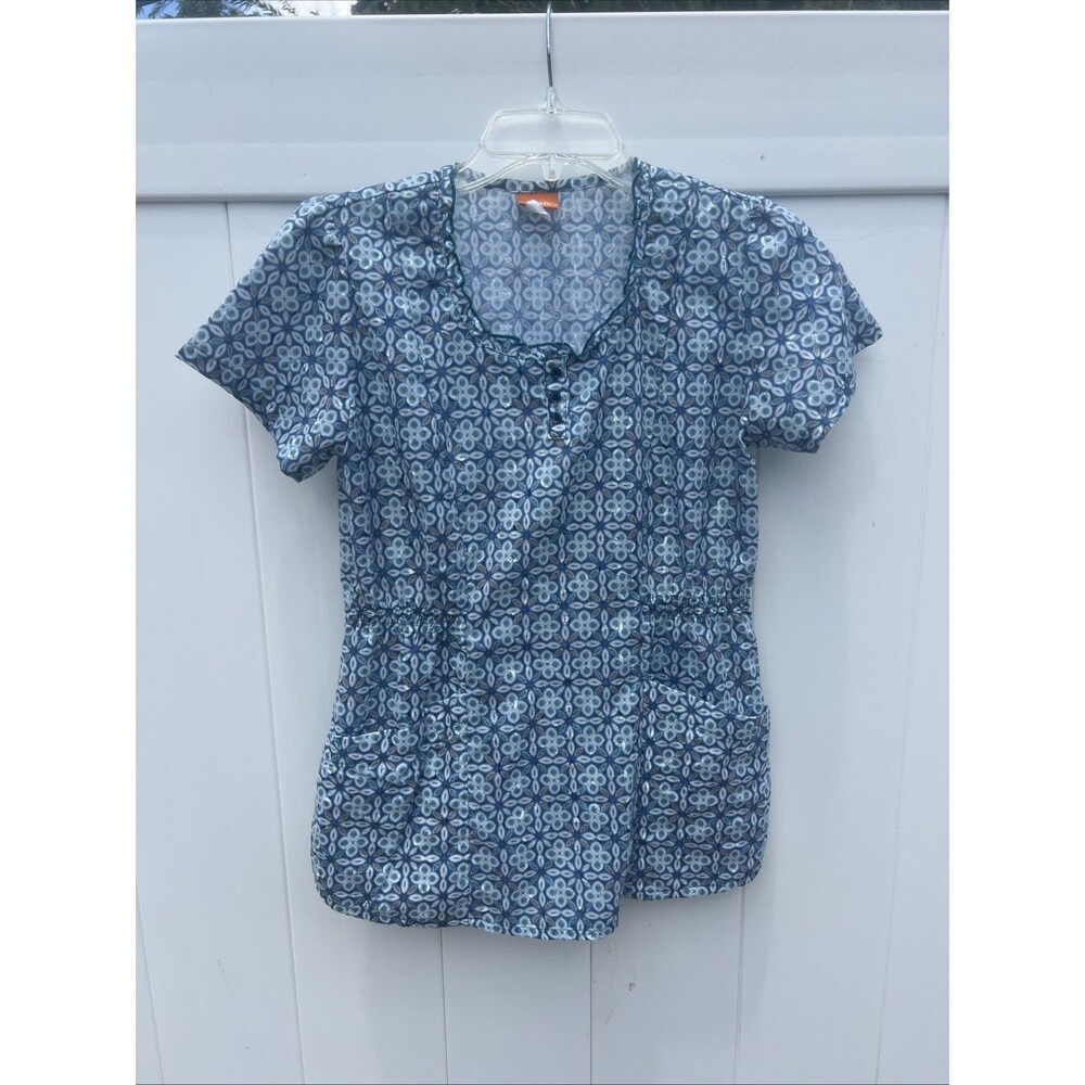 Elan by Barco Women's Short Sleeve Floral Scrub Top Blue Sz XS